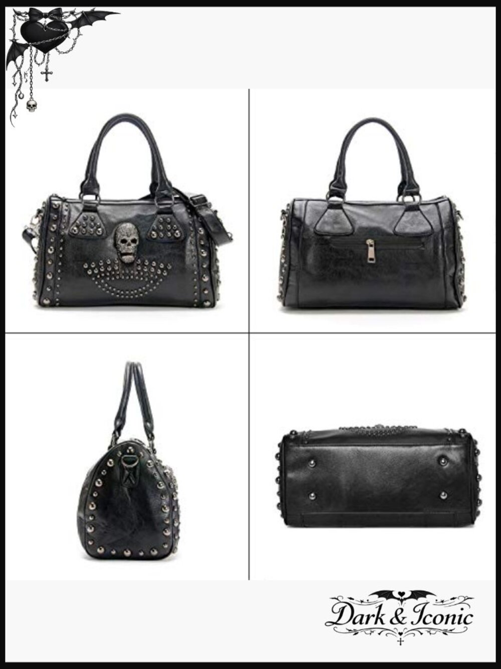 Large Gothic Skull Studded Doctor Handbag Shoulder Crossbody - Picture 3 of 7